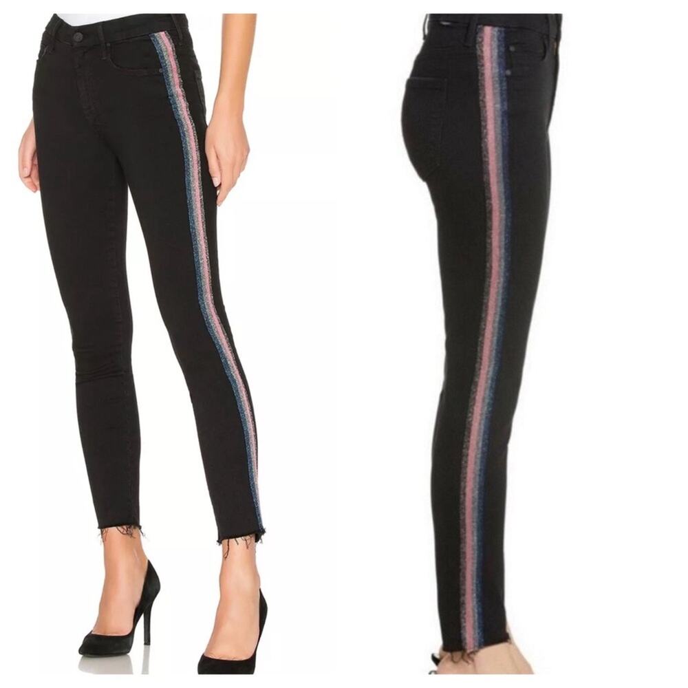 MOTHER High Waist Looker Ankle Fray Guilty Glitter Racer Black Skinny Jean